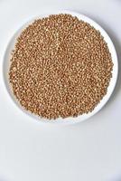 Buckwheat grains in a white plate close-up photo