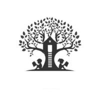 Children reading and playing under the tree house vector