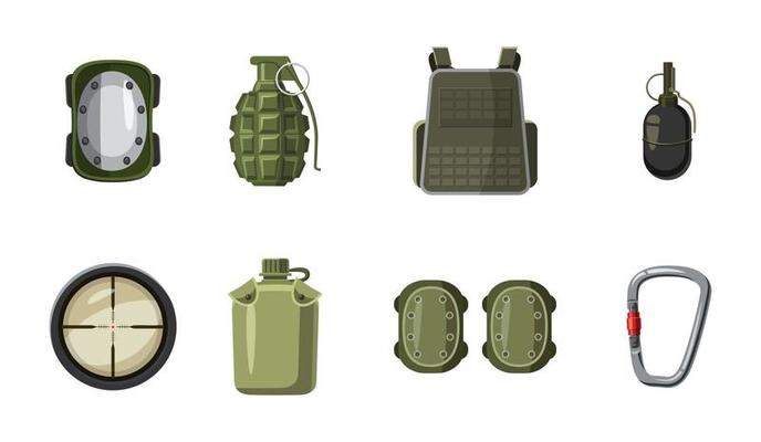 Military equipment icon set, cartoon style
