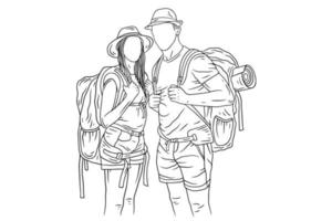 feliz pareja aventura explorar viaje alpinista cámping romance viaje deporte arte lineal dibujada a mano vector