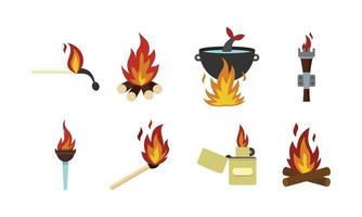 Fire icon set, flat style vector