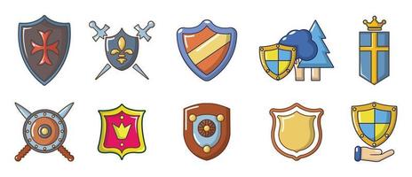 conjunto de iconos de escudo, estilo de dibujos animados vector
