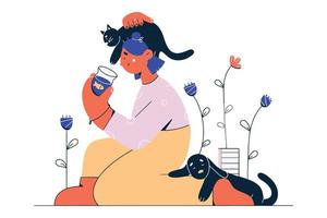 women having fun, training and playing with their pets vector