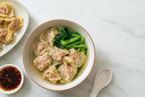 pork wonton soup or pork dumplings soup with vegetable photo