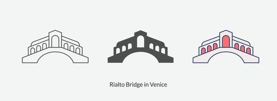 puente de rialto en el icono de venecia en la ilustración de vectores de estilo diferente.