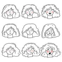 Hand-drawn doodle vector set with girl's faces with different emotions of happiness, sadness and anger