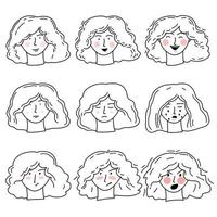 Hand-drawn doodle vector set with girl's faces with different emotions of happiness, sadness and anger