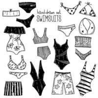 Vector set of cartoon doodle swimsuits and bikini underwear elements, beach beauty brassiere, elegant hand drawn clothing collection