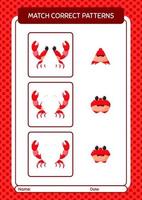 Match pattern game with crab. worksheet for preschool kids, kids activity sheet vector