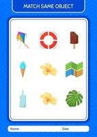 Match with same object game summer icon. worksheet for preschool kids, kids activity sheet vector