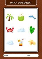 Match with same object game summer icon. worksheet for preschool kids, kids activity sheet vector