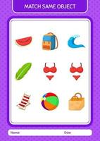 Match with same object game summer icon. worksheet for preschool kids, kids activity sheet vector