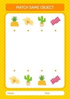 Match with same object game summer icon. worksheet for preschool kids, kids activity sheet vector