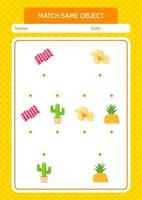 Match with same object game summer icon. worksheet for preschool kids, kids activity sheet vector