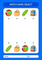 combinar con el mismo icono de verano del juego de objetos. hoja de trabajo para niños en edad preescolar, hoja de actividades para niños vector