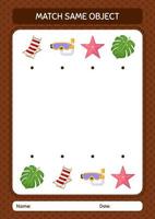 Match with same object game summer icon. worksheet for preschool kids, kids activity sheet vector