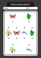 Match with same object game summer icon. worksheet for preschool kids, kids activity sheet vector