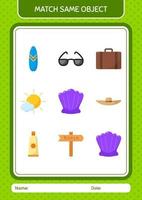 Match with same object game summer icon. worksheet for preschool kids, kids activity sheet vector