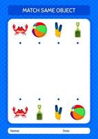 Match with same object game summer icon. worksheet for preschool kids, kids activity sheet vector