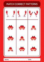 Match pattern game with crab. worksheet for preschool kids, kids activity sheet vector