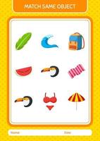 Match with same object game summer icon. worksheet for preschool kids, kids activity sheet vector