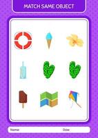 Match with same object game summer icon. worksheet for preschool kids, kids activity sheet vector