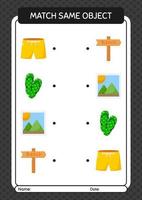 Match with same object game summer icon. worksheet for preschool kids, kids activity sheet vector