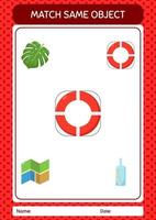 Match with same object game summer icon. worksheet for preschool kids, kids activity sheet vector