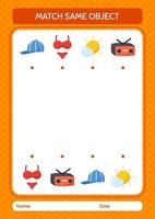 Match with same object game summer icon. worksheet for preschool kids, kids activity sheet vector