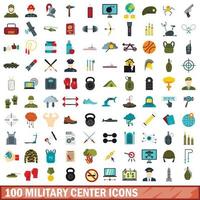 100 military center icons set, flat style vector