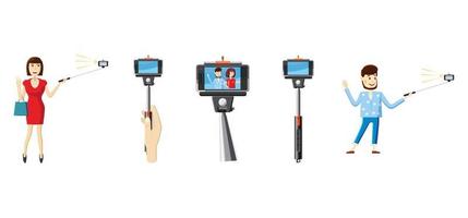 Selfie stick icon set, cartoon style vector