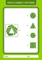 Match pattern game with monstera leaf. worksheet for preschool kids, kids activity sheet vector