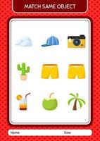 combinar con el mismo icono de verano del juego de objetos. hoja de trabajo para niños en edad preescolar, hoja de actividades para niños vector