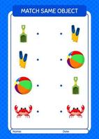 Match with same object game summer icon. worksheet for preschool kids, kids activity sheet vector