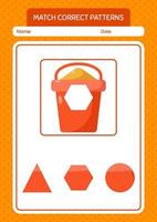 Match pattern game with sand bucket. worksheet for preschool kids, kids activity sheet vector