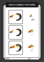 Match pattern game with toucan. worksheet for preschool kids, kids activity sheet vector