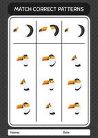 Match pattern game with toucan. worksheet for preschool kids, kids activity sheet vector