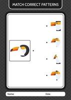 Match pattern game with toucan. worksheet for preschool kids, kids activity sheet vector