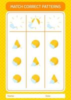 juego de patrones de coincidencia con el sol. hoja de trabajo para niños en edad preescolar, hoja de actividades para niños vector