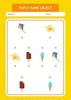 Match with same object game summer icon. worksheet for preschool kids, kids activity sheet vector