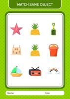 Match with same object game summer icon. worksheet for preschool kids, kids activity sheet vector