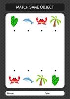 Match with same object game summer icon. worksheet for preschool kids, kids activity sheet vector