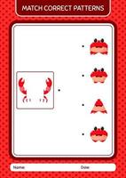 Match pattern game with crab. worksheet for preschool kids, kids activity sheet vector