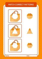 Match pattern game with basket bag. worksheet for preschool kids, kids activity sheet vector