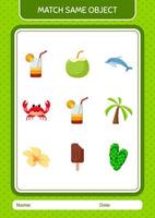 Match with same object game summer icon. worksheet for preschool kids, kids activity sheet vector