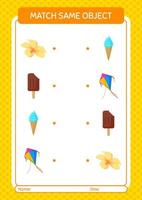 Match with same object game summer icon. worksheet for preschool kids, kids activity sheet vector