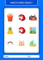 Match with same object game summer icon. worksheet for preschool kids, kids activity sheet vector