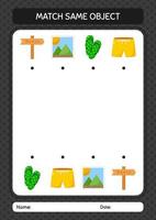 Match with same object game summer icon. worksheet for preschool kids, kids activity sheet vector