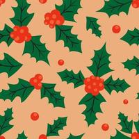 Retro Christmas seamless background with holly leaves and berries vector