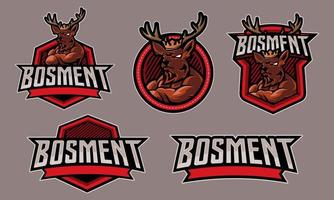 Various kinds of esport logo named BOSMENT with the symbol of a muscular brown deer. Vector illustration.